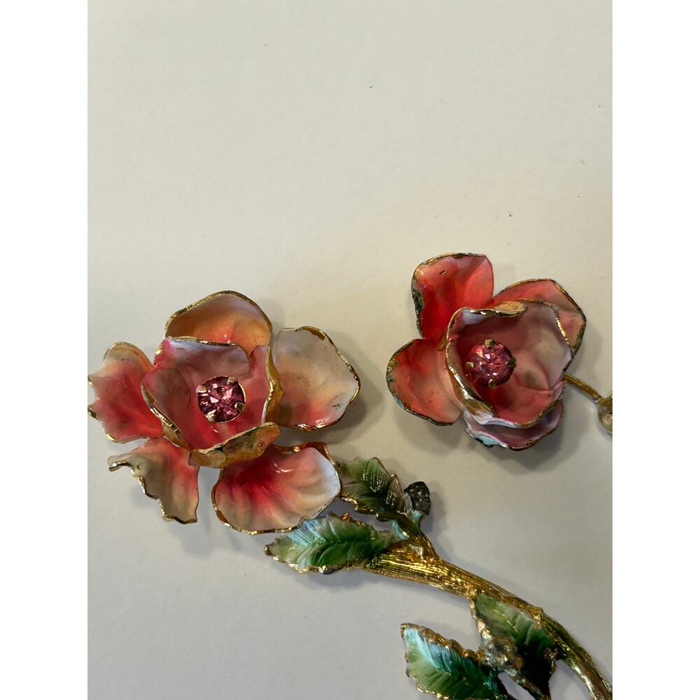 VINTAGE Pink Enamel Flower Jewelry Parts Rhinestone Gold Tone Floral Spray Lot